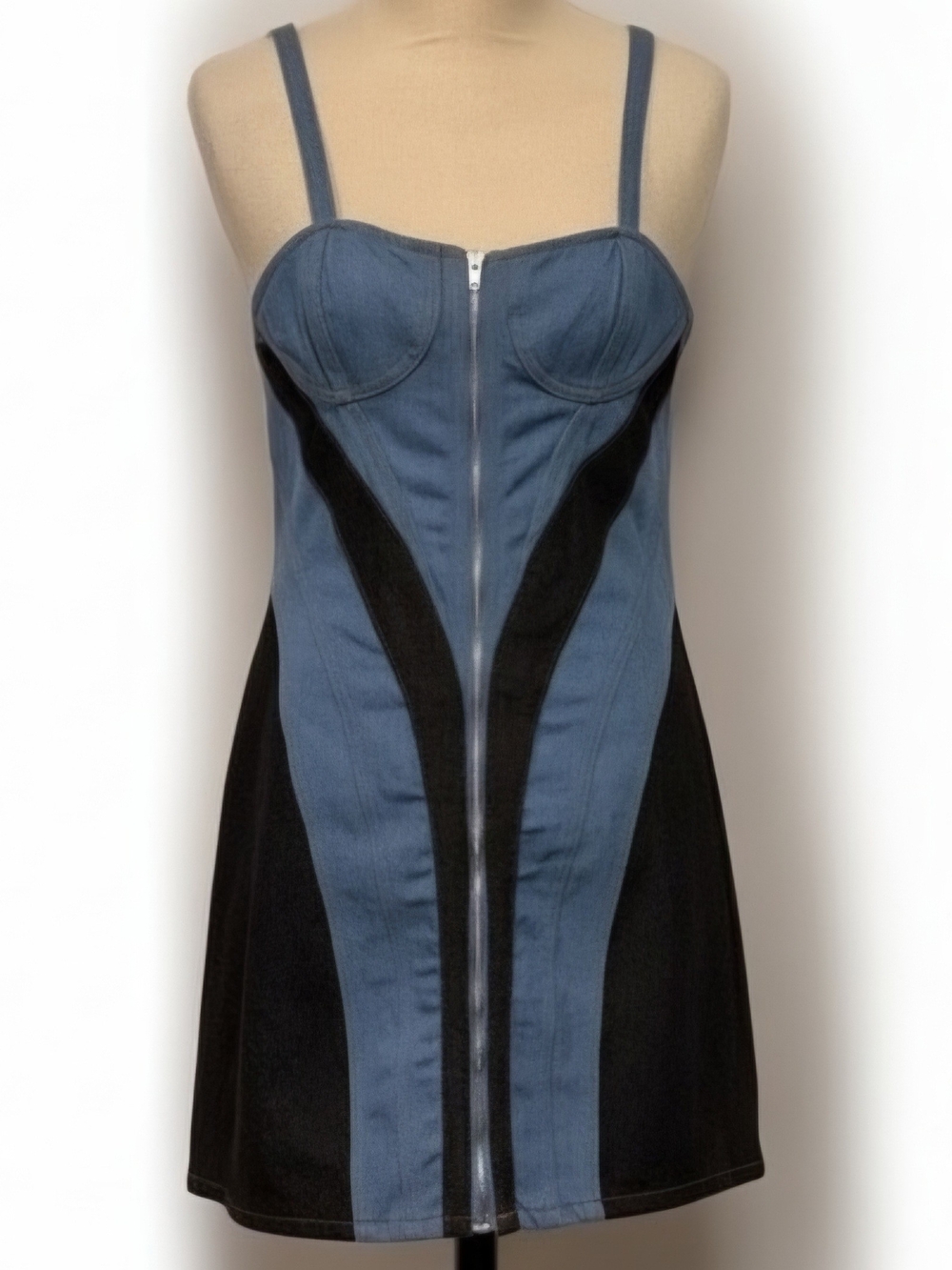 Kontrast Denim Patchwork Reißverschluss Bustier Kleid - Micas